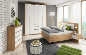 Nowoczesna, biało-drewniana sypialnia z meblami XELO. 